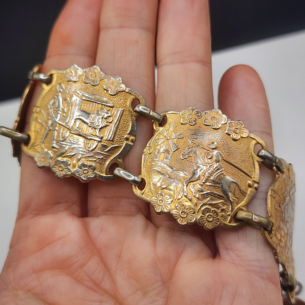 Vintage Estate Panel Bracelet Gold Silver Tone Don Quixote Windmill Knight 7in